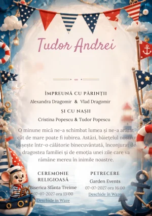 Designul Mickey Marinar, din gama de invitații digitale botez, reunește Mickey Mouse într-o barcă imaginară cu vele grafice cu ancore și colaci.