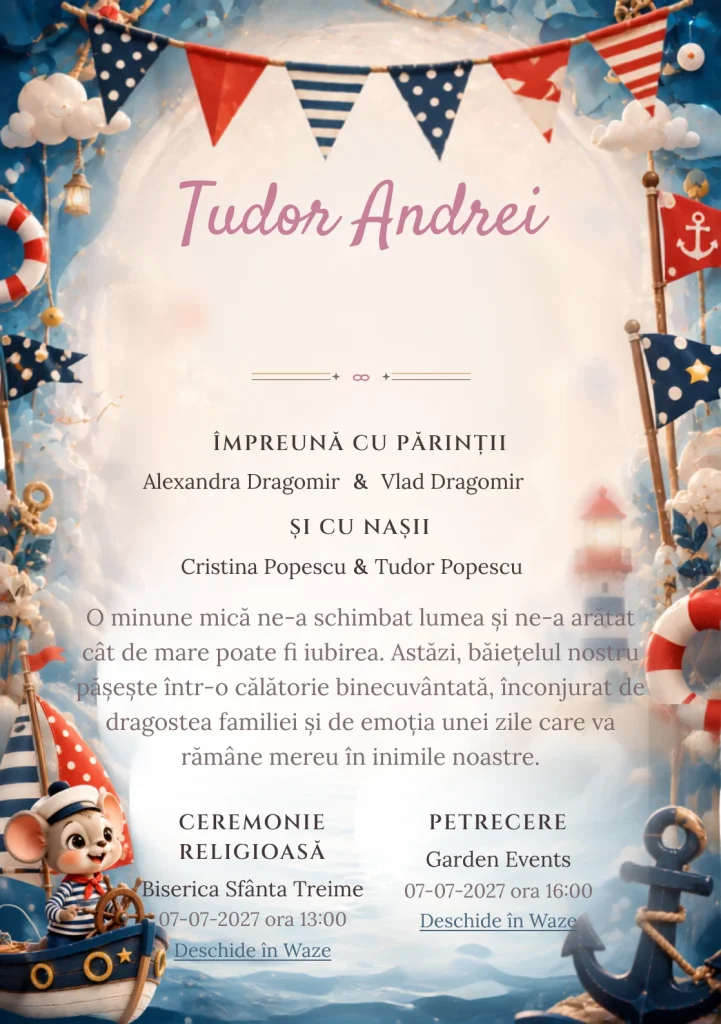Designul Mickey Marinar, din gama de invitații digitale botez, reunește Mickey Mouse într-o barcă imaginară cu vele grafice cu ancore și colaci.