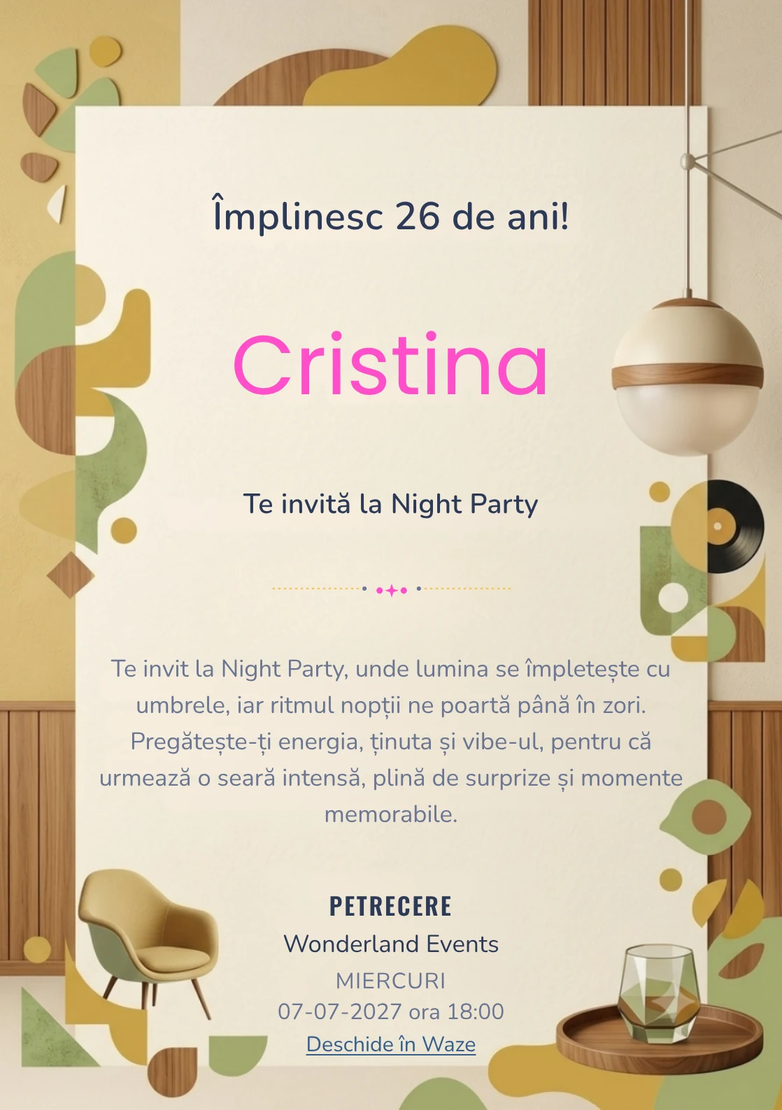 Mid-Century Brunch este un model de invitații online pentru o aniversare adultă, definit vizual de o lampă sferică și forme geometrice.