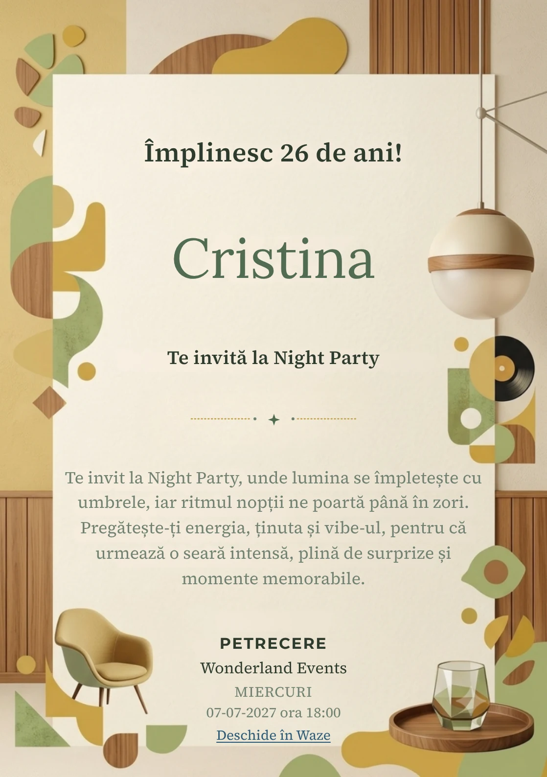Mid-Century Brunch este un model de invitații online pentru o aniversare adultă, definit vizual de o lampă sferică și forme geometrice.