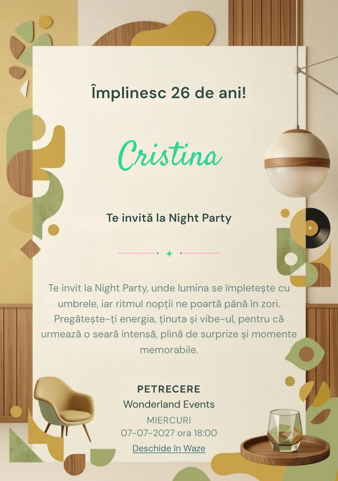 Mid-Century Brunch este un model de invitații online pentru o aniversare adultă, definit vizual de o lampă sferică și forme geometrice.