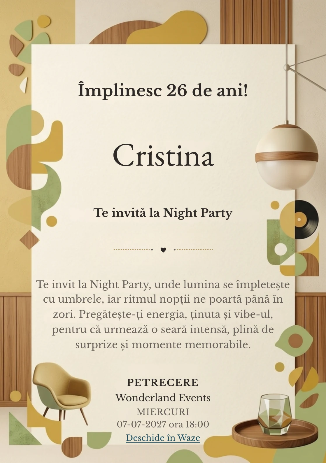Mid-Century Brunch este un model de invitații online pentru o aniversare adultă, definit vizual de o lampă sferică și forme geometrice.
