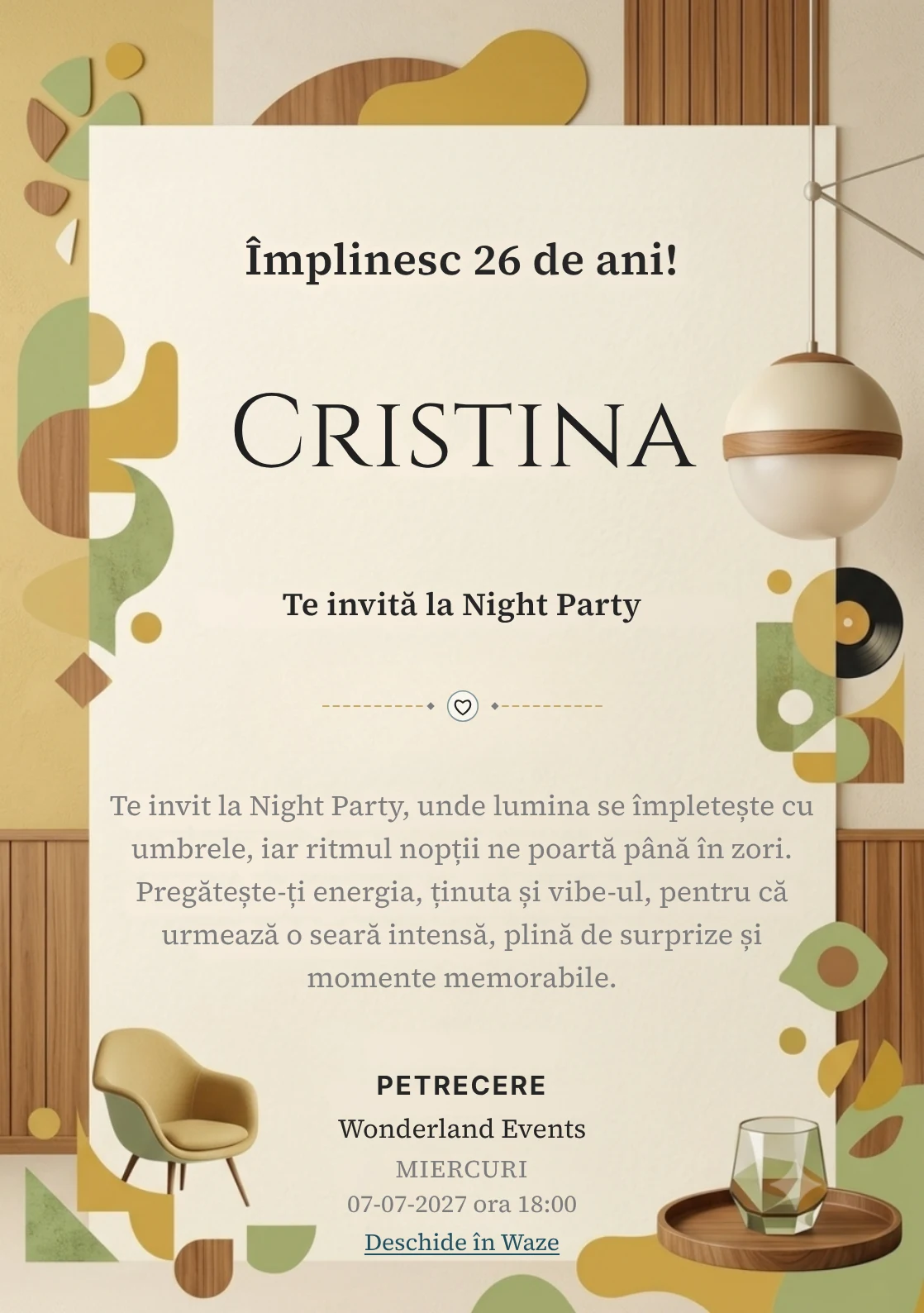 Mid-Century Brunch este un model de invitații online pentru o aniversare adultă, definit vizual de o lampă sferică și forme geometrice.