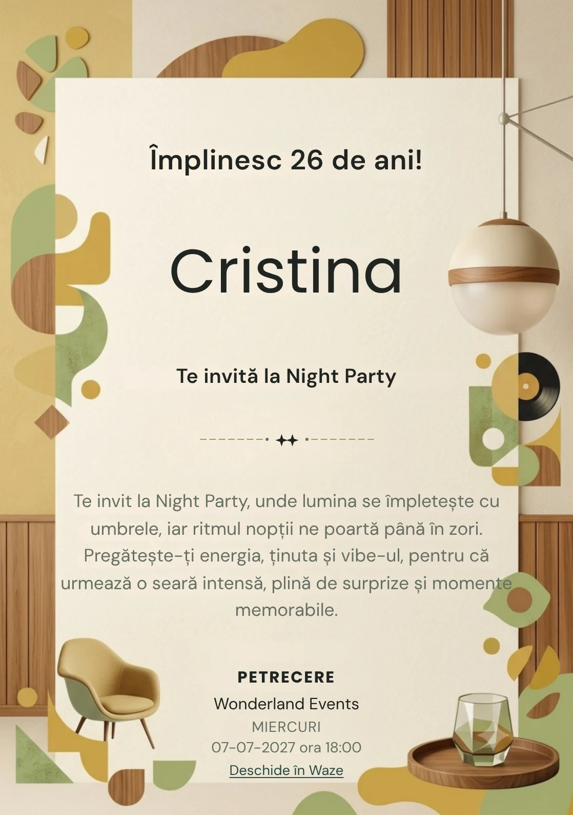 Mid-Century Brunch este un model de invitații online pentru o aniversare adultă, definit vizual de o lampă sferică și forme geometrice.
