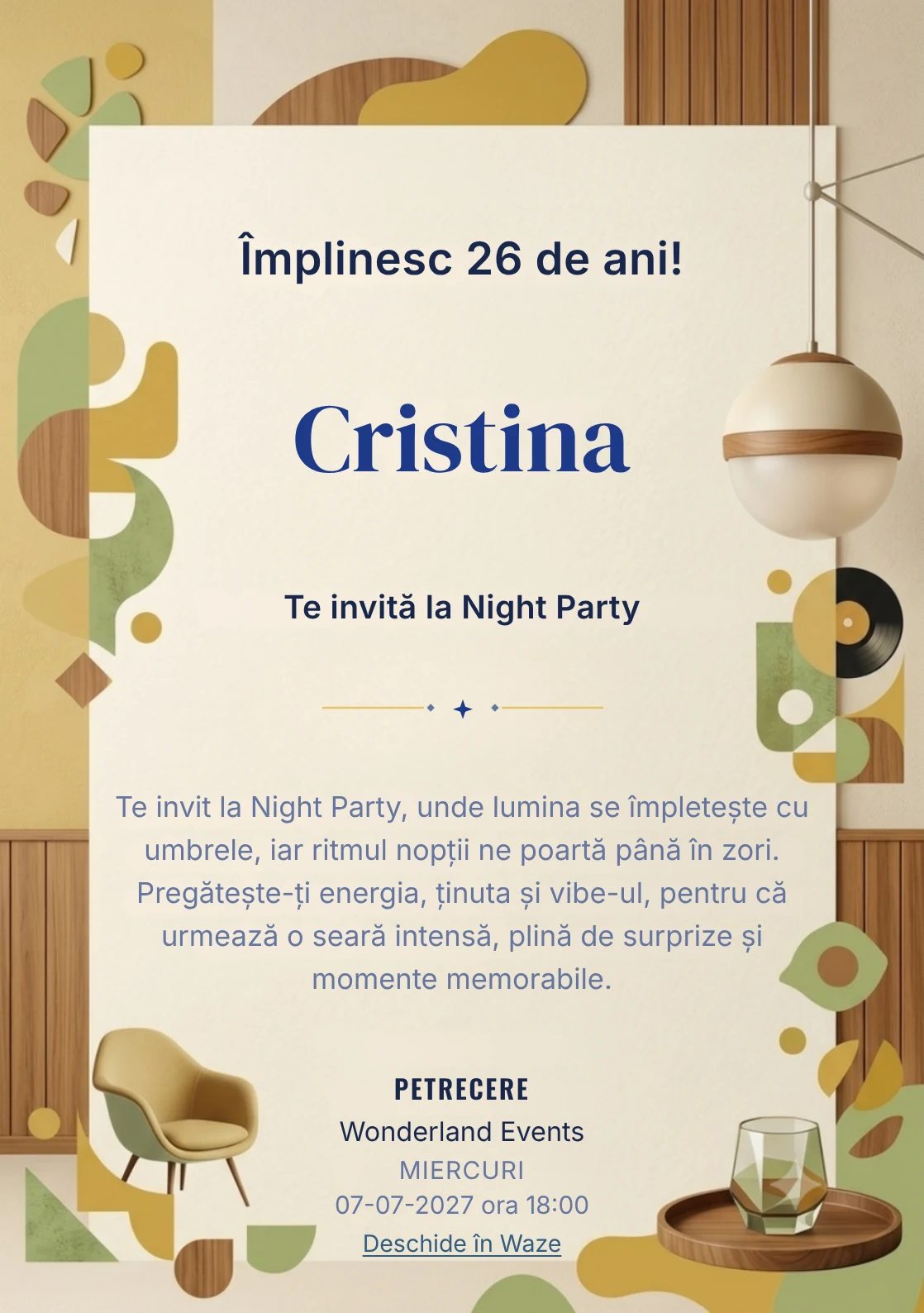 Mid-Century Brunch este un model de invitații online pentru o aniversare adultă, definit vizual de o lampă sferică și forme geometrice.