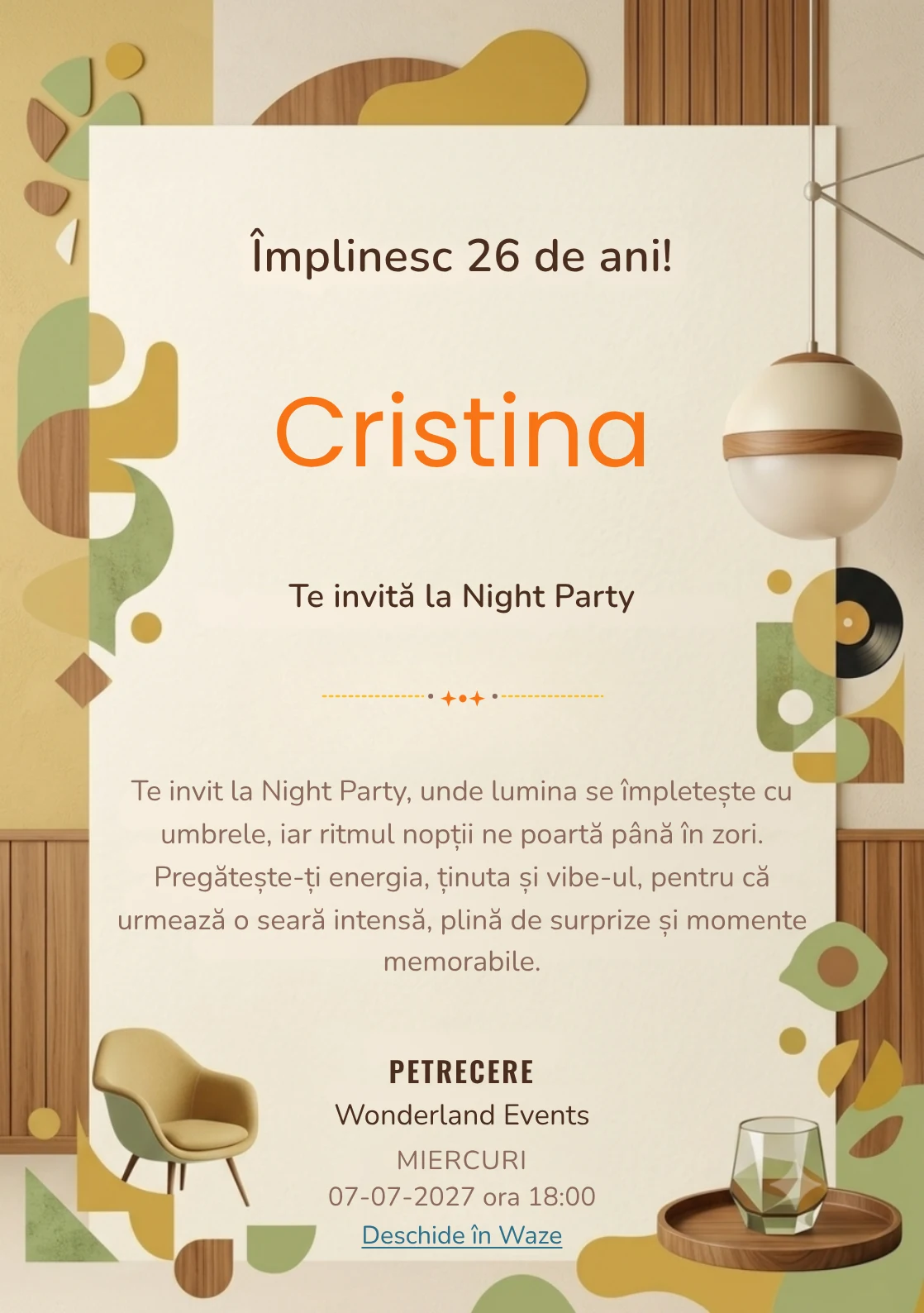 Mid-Century Brunch este un model de invitații online pentru o aniversare adultă, definit vizual de o lampă sferică și forme geometrice.