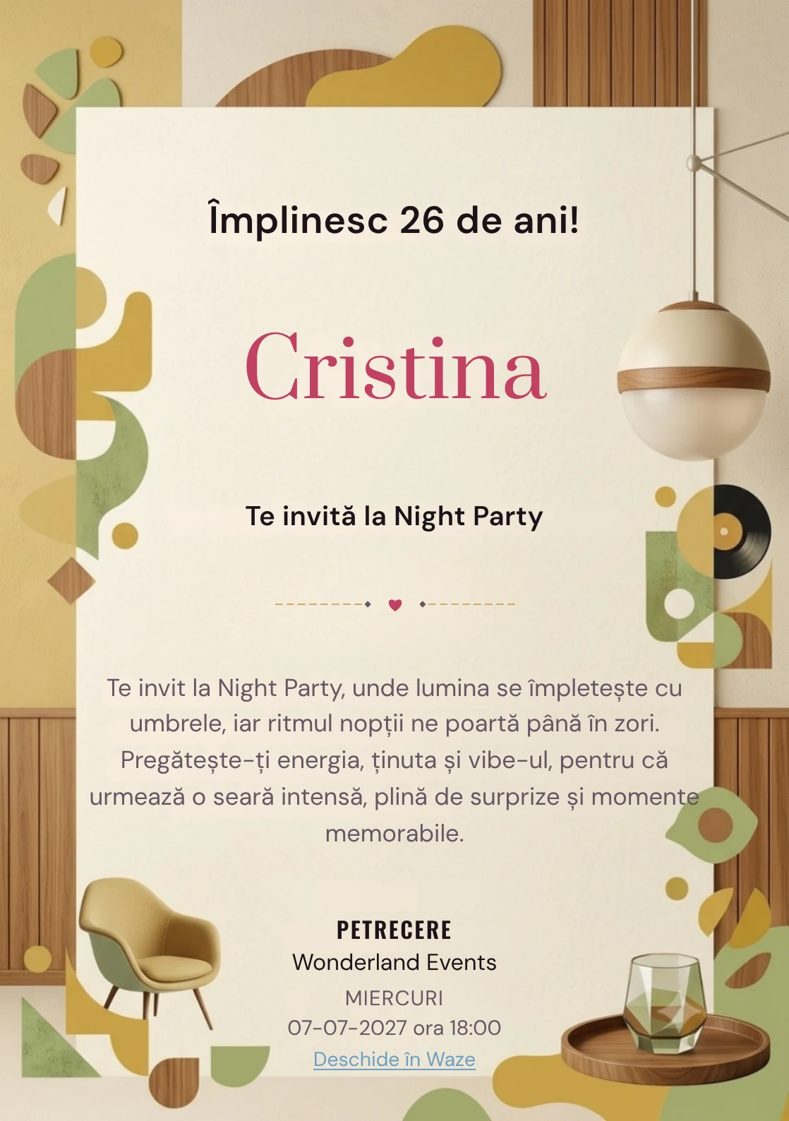 Mid-Century Brunch este un model de invitații online pentru o aniversare adultă, definit vizual de o lampă sferică și forme geometrice.