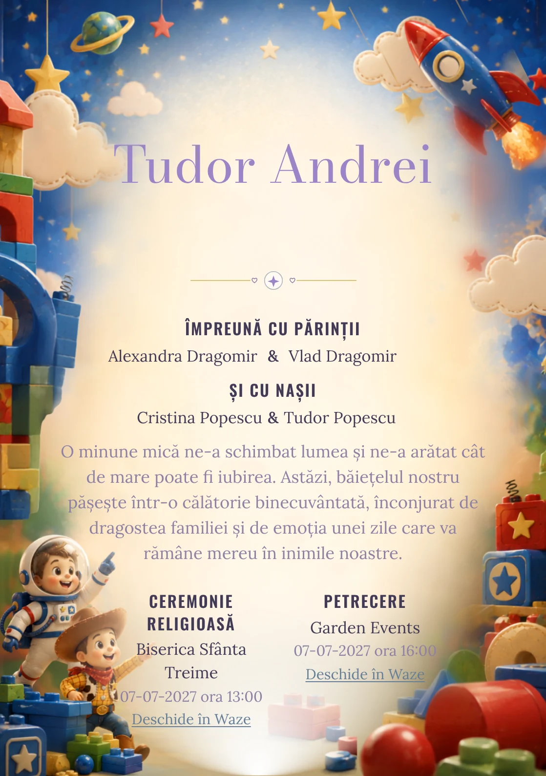 Misiunea Jucăriilor, design din gama de invitații botez băiat, prezintă Buzz Lightyear și Woody într-o misiune printre cuburi, alături de rachetă și stele.