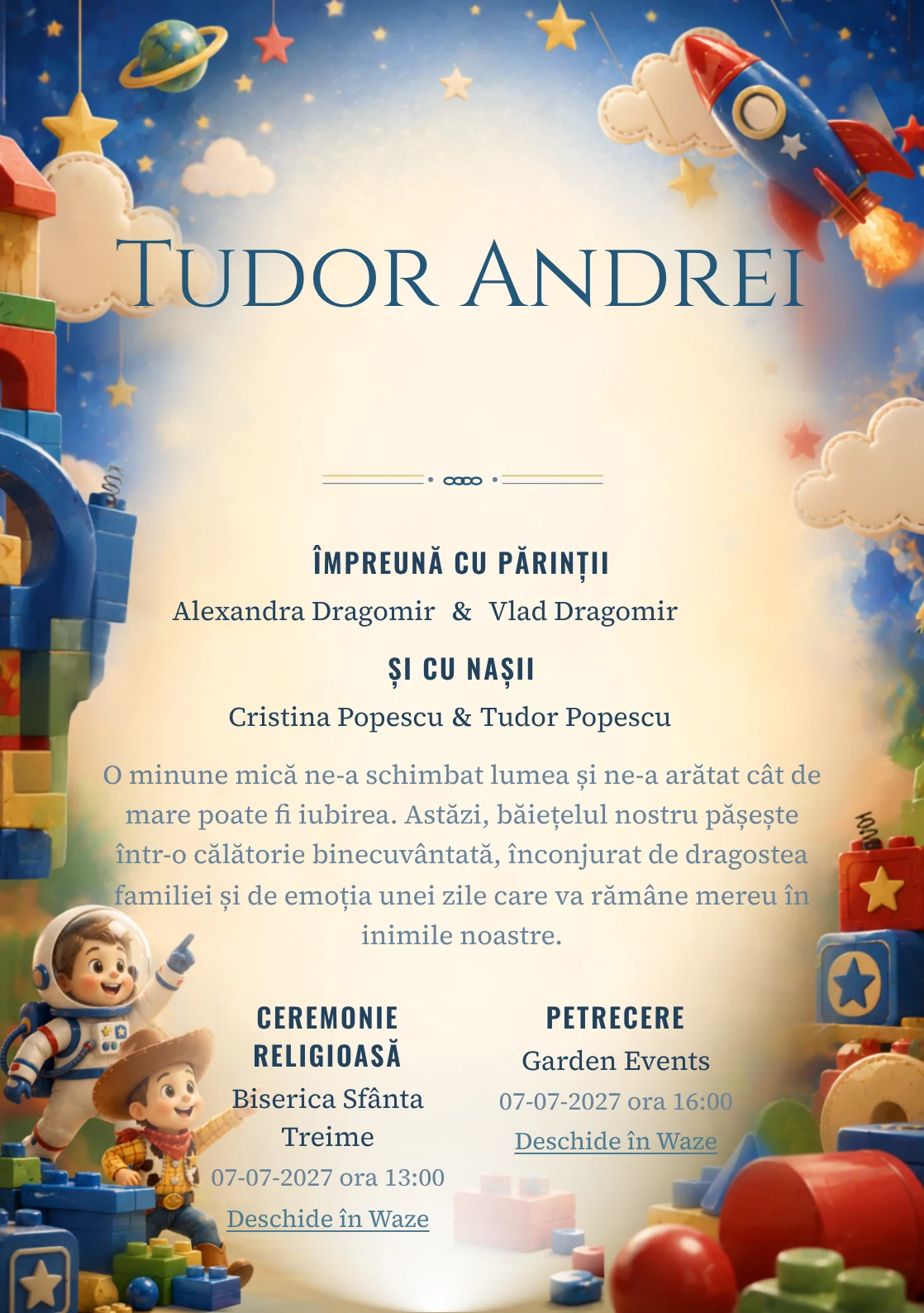 Misiunea Jucăriilor, design din gama de invitații botez băiat, prezintă Buzz Lightyear și Woody într-o misiune printre cuburi, alături de rachetă și stele.