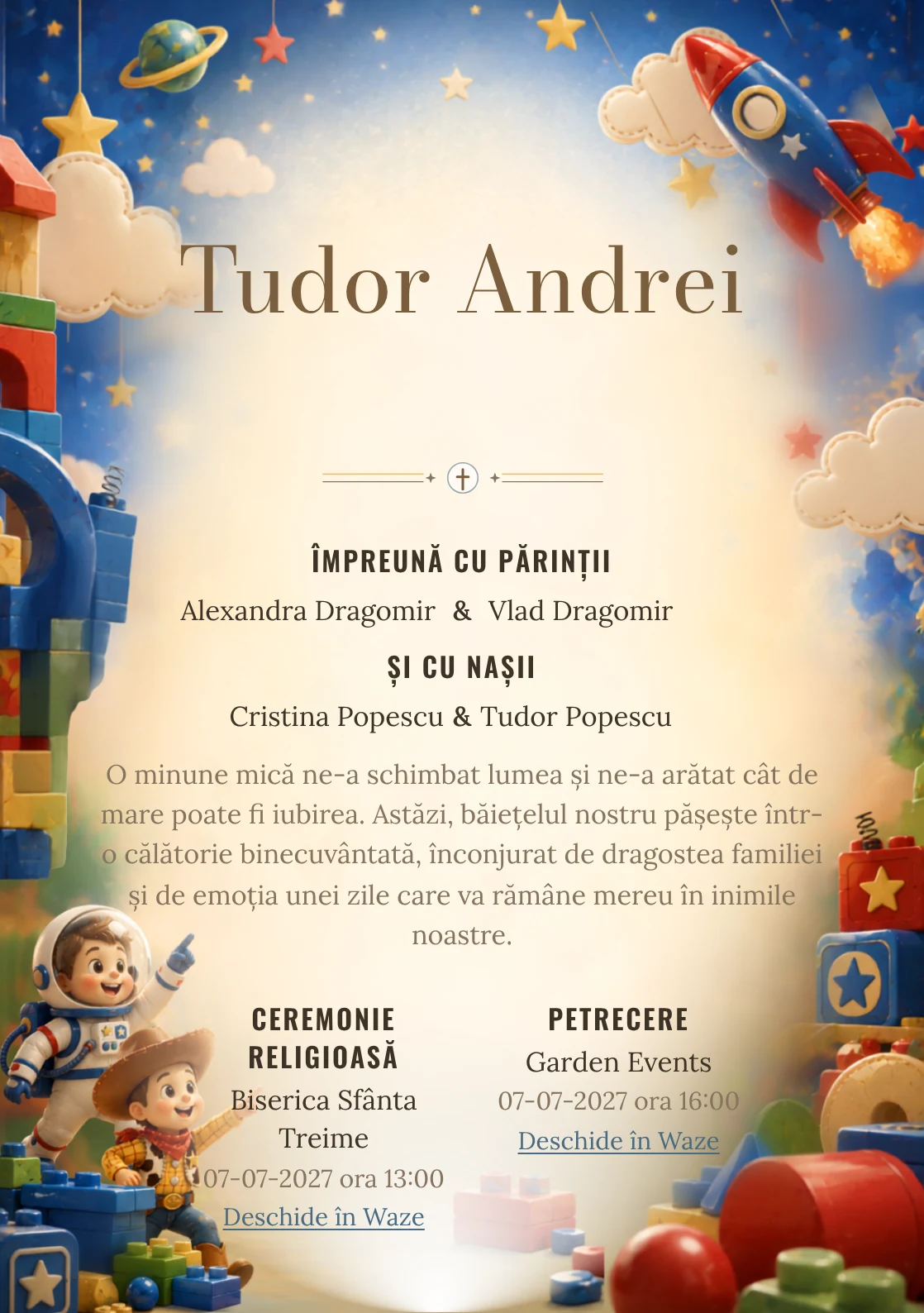 Misiunea Jucăriilor, design din gama de invitații botez băiat, prezintă Buzz Lightyear și Woody într-o misiune printre cuburi, alături de rachetă și stele.