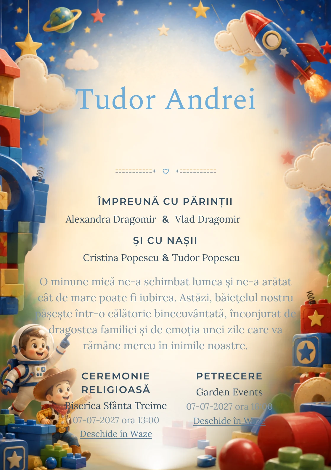 Misiunea Jucăriilor, design din gama de invitații botez băiat, prezintă Buzz Lightyear și Woody într-o misiune printre cuburi, alături de rachetă și stele.