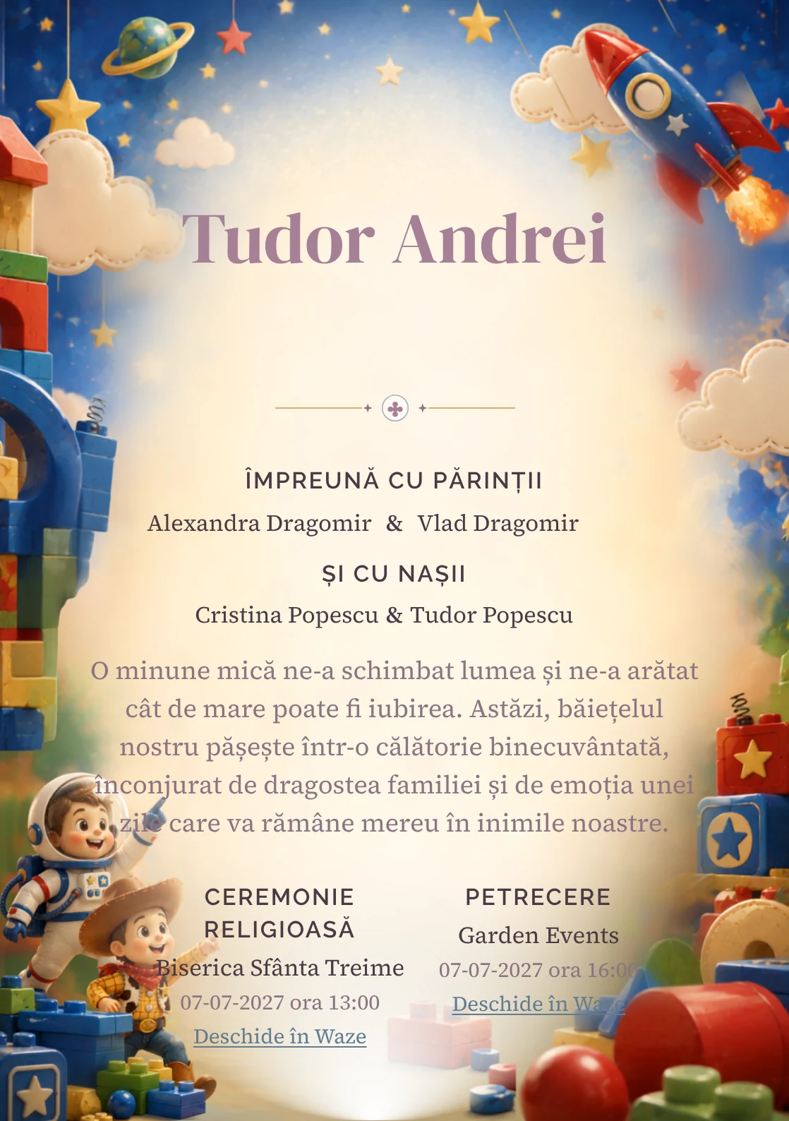 Misiunea Jucăriilor, design din gama de invitații botez băiat, prezintă Buzz Lightyear și Woody într-o misiune printre cuburi, alături de rachetă și stele.