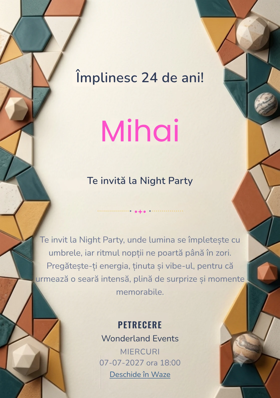 Mozaic Contemporan, invitație digitală aniversară pentru adulți, combină un perete abstract cu fragmente geometrice mate cu un mozaic.