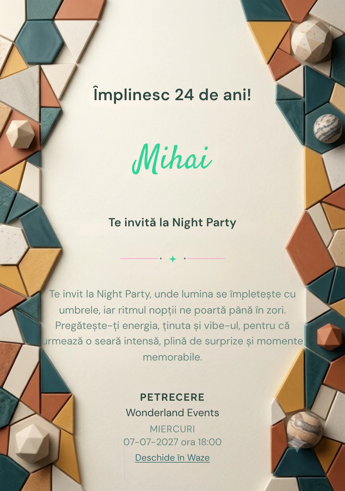 Mozaic Contemporan, invitație digitală aniversară pentru adulți, combină un perete abstract cu fragmente geometrice mate cu un mozaic.