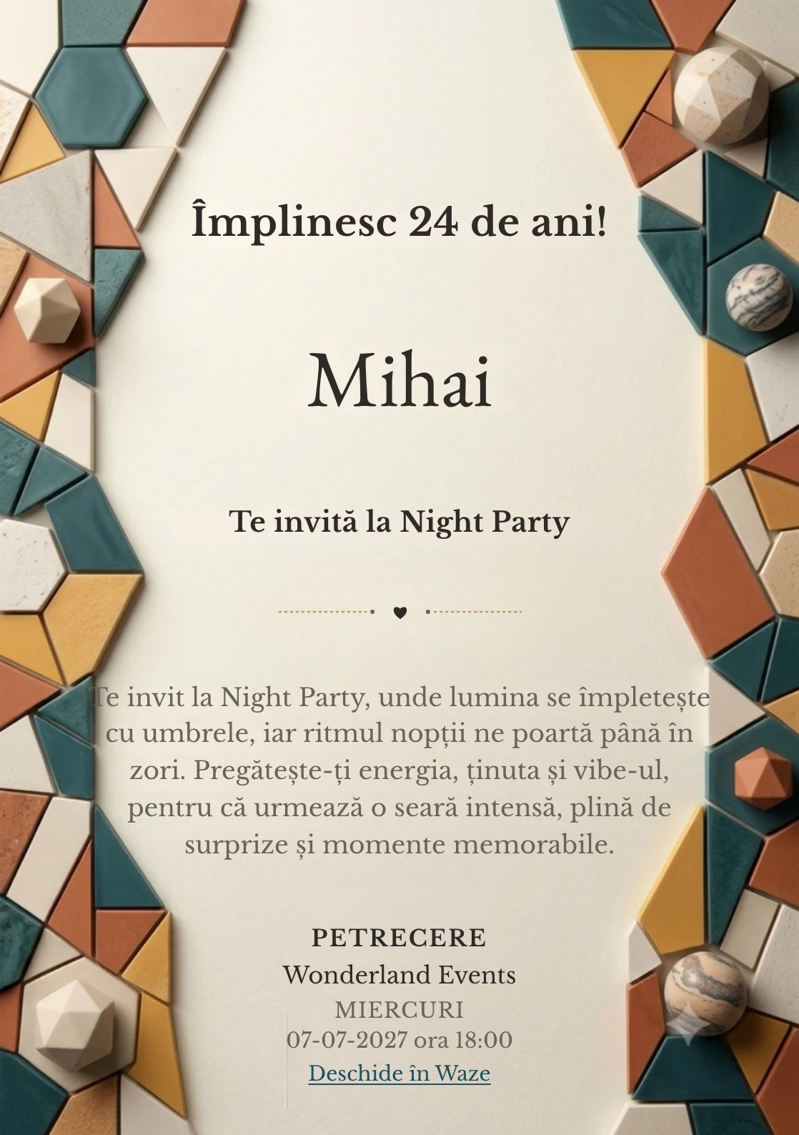 Mozaic Contemporan, invitație digitală aniversară pentru adulți, combină un perete abstract cu fragmente geometrice mate cu un mozaic.