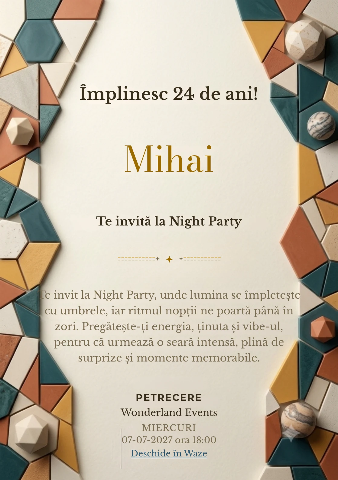 Mozaic Contemporan, invitație digitală aniversară pentru adulți, combină un perete abstract cu fragmente geometrice mate cu un mozaic.