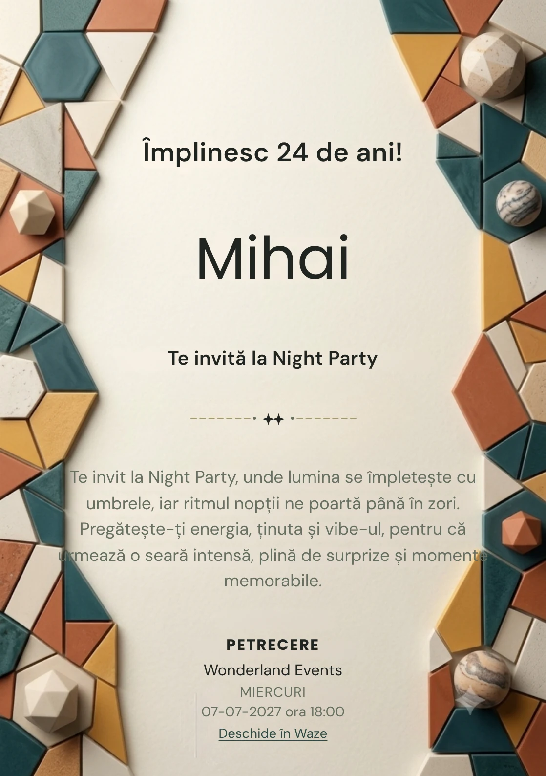 Mozaic Contemporan, invitație digitală aniversară pentru adulți, combină un perete abstract cu fragmente geometrice mate cu un mozaic.