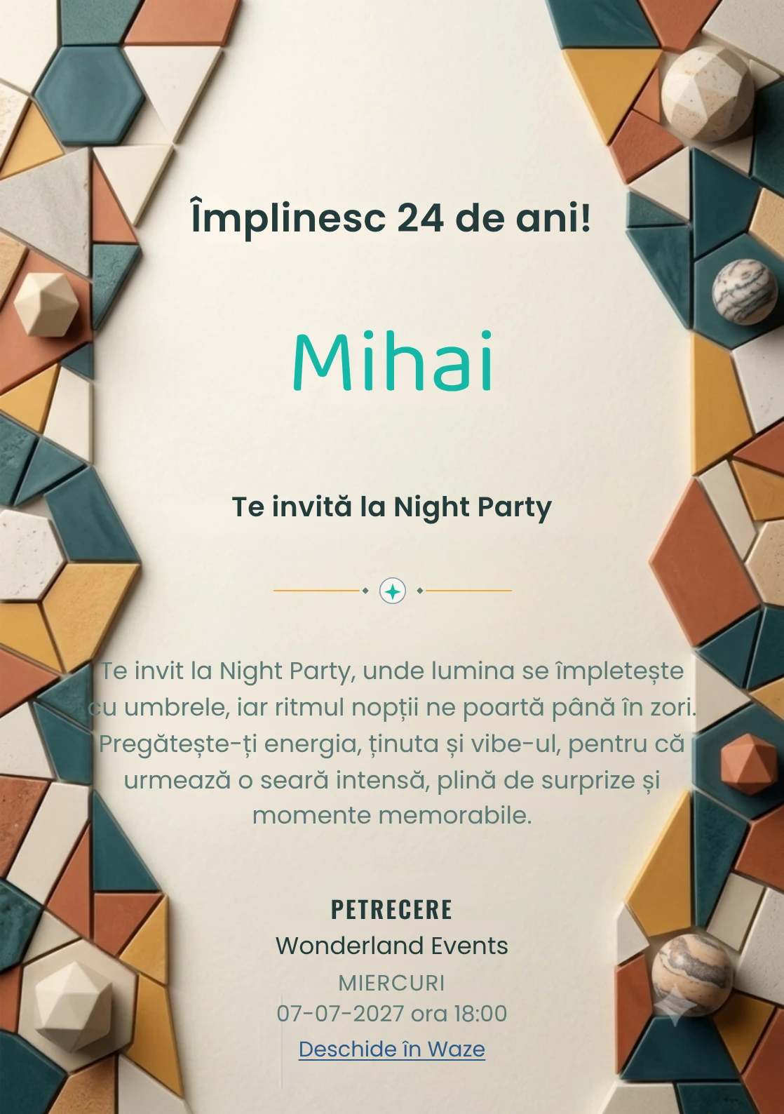 Mozaic Contemporan, invitație digitală aniversară pentru adulți, combină un perete abstract cu fragmente geometrice mate cu un mozaic.