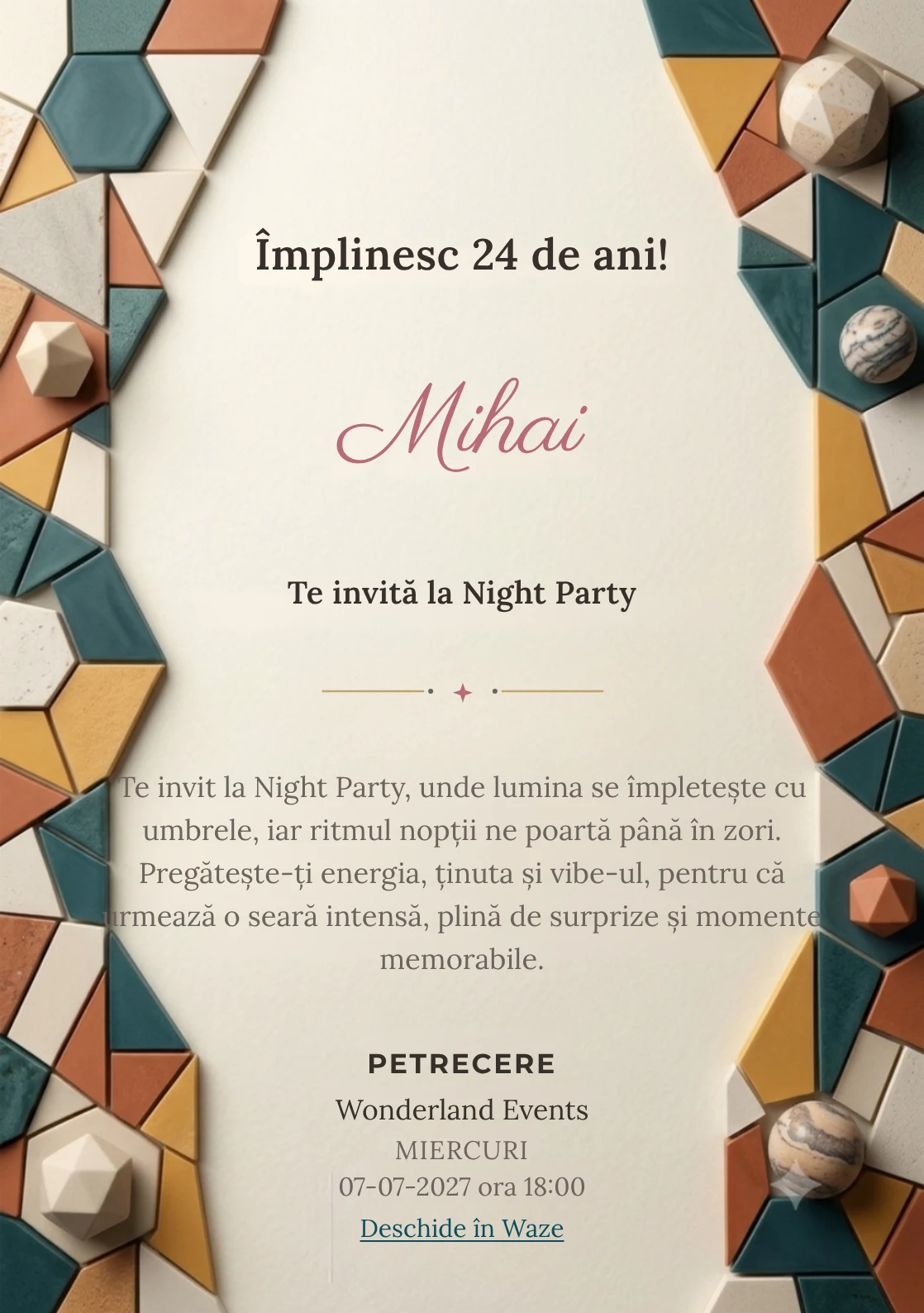 Mozaic Contemporan, invitație digitală aniversară pentru adulți, combină un perete abstract cu fragmente geometrice mate cu un mozaic.