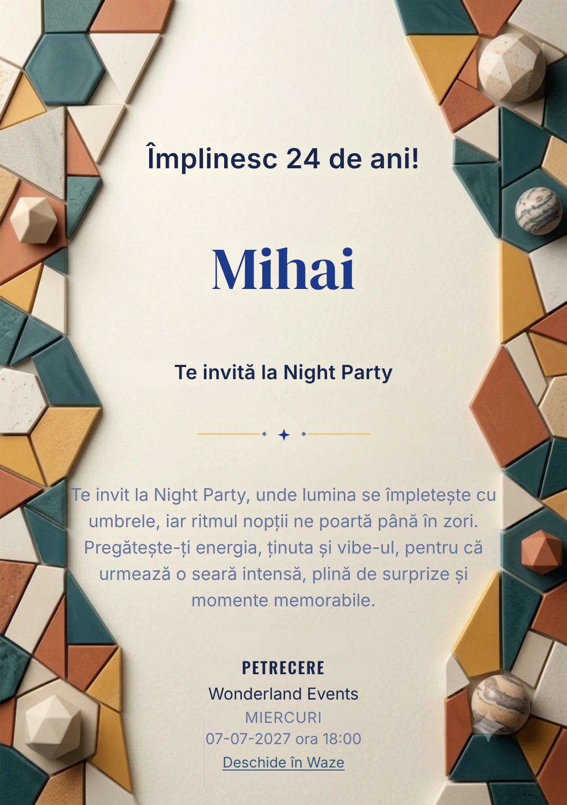 Mozaic Contemporan, invitație digitală aniversară pentru adulți, combină un perete abstract cu fragmente geometrice mate cu un mozaic.