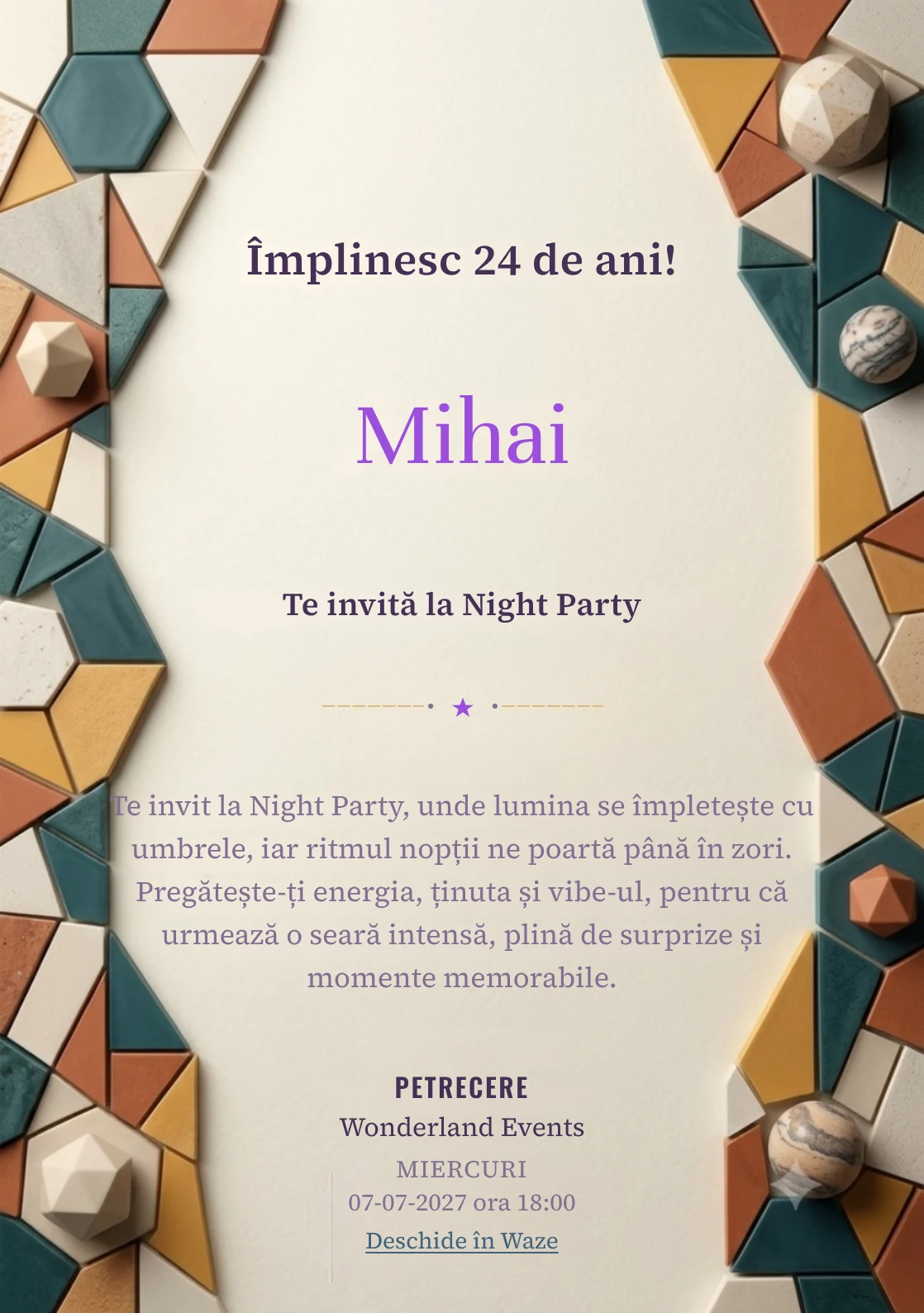 Mozaic Contemporan, invitație digitală aniversară pentru adulți, combină un perete abstract cu fragmente geometrice mate cu un mozaic.