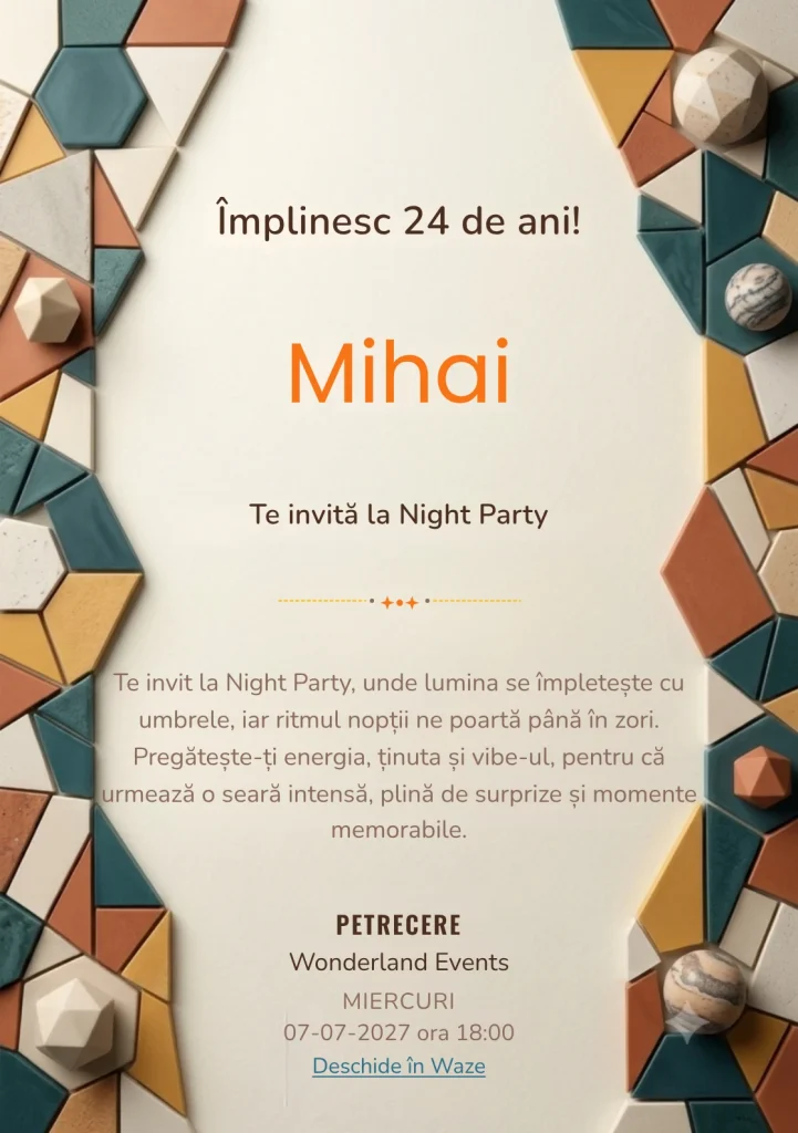 Mozaic Contemporan, invitație digitală aniversară pentru adulți, combină un perete abstract cu fragmente geometrice mate cu un mozaic.