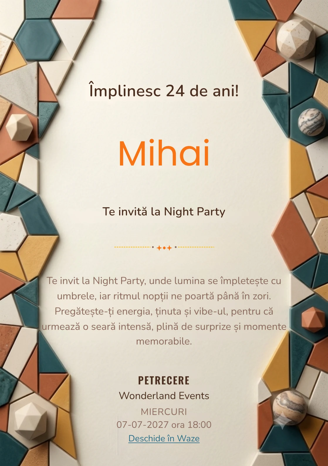 Mozaic Contemporan, invitație digitală aniversară pentru adulți, combină un perete abstract cu fragmente geometrice mate cu un mozaic.