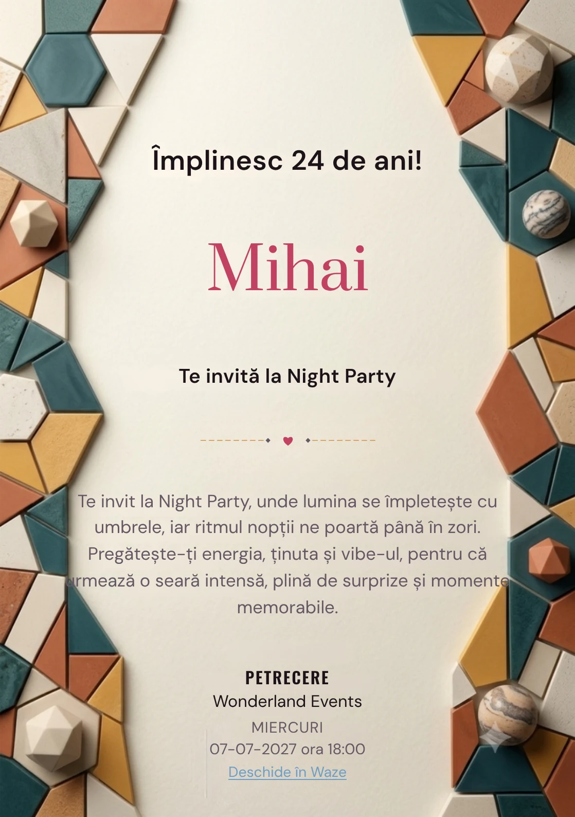 Mozaic Contemporan, invitație digitală aniversară pentru adulți, combină un perete abstract cu fragmente geometrice mate cu un mozaic.