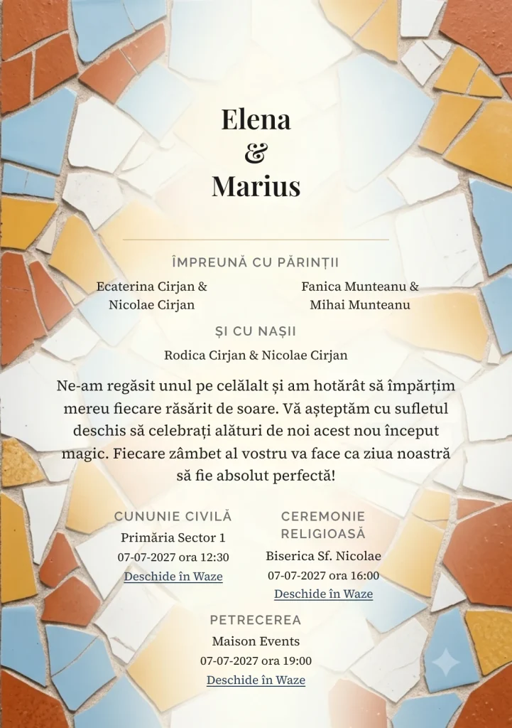 Mozaic de Sud, pentru o invitație de nuntă, prezintă fragmente mari de mozaic pe margini, completat vizual de nuanțe de teracotă mozaic, albastru praf și alb piatră.