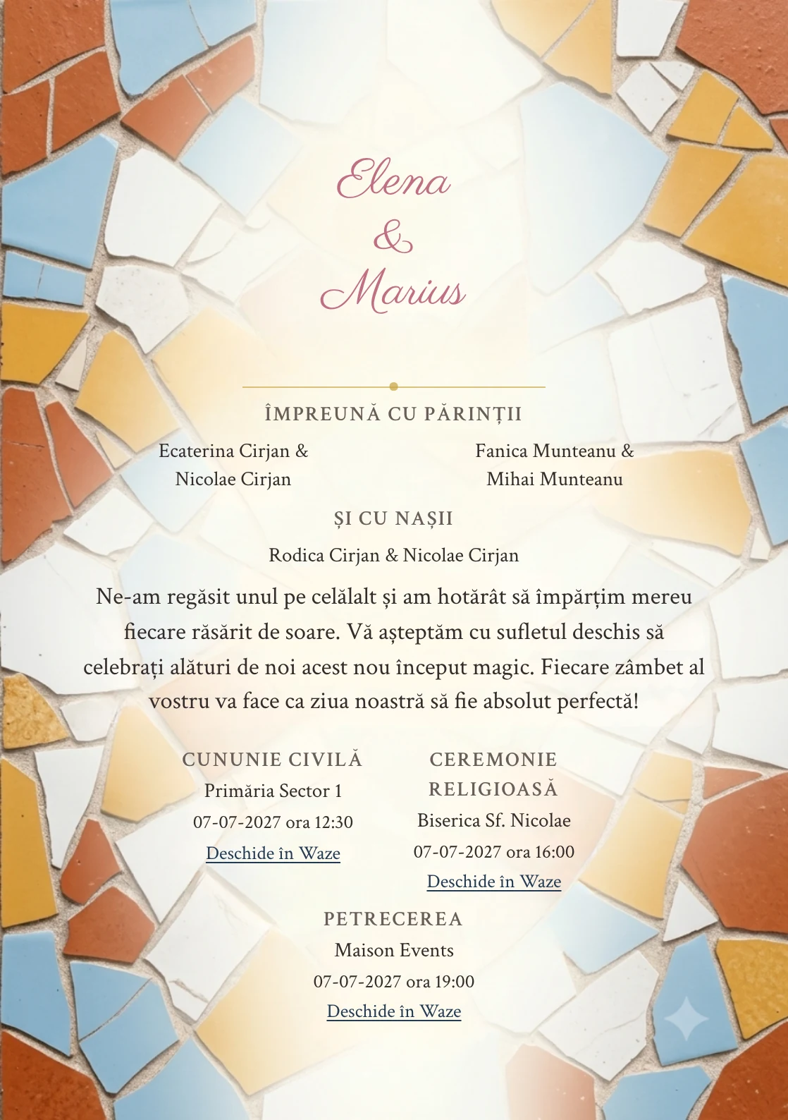 Mozaic de Sud, pentru o invitație de nuntă, prezintă fragmente mari de mozaic pe margini, completat vizual de nuanțe de teracotă mozaic, albastru praf și alb piatră.