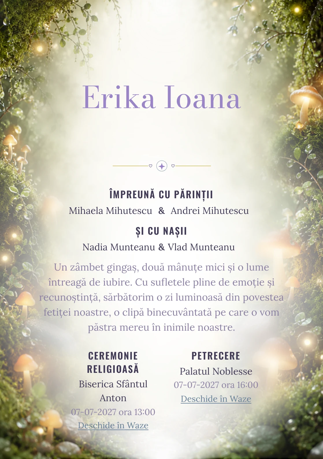 Imaginea Mușchi Fermecat, din gama de invitații botez, pune în valoare o grădină de mușchi cu ciuperci luminoase, cu rouă, pietre și frunze foarte mici.