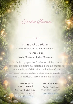 Imaginea Mușchi Fermecat, din gama de invitații botez, pune în valoare o grădină de mușchi cu ciuperci luminoase, cu rouă, pietre și frunze foarte mici.