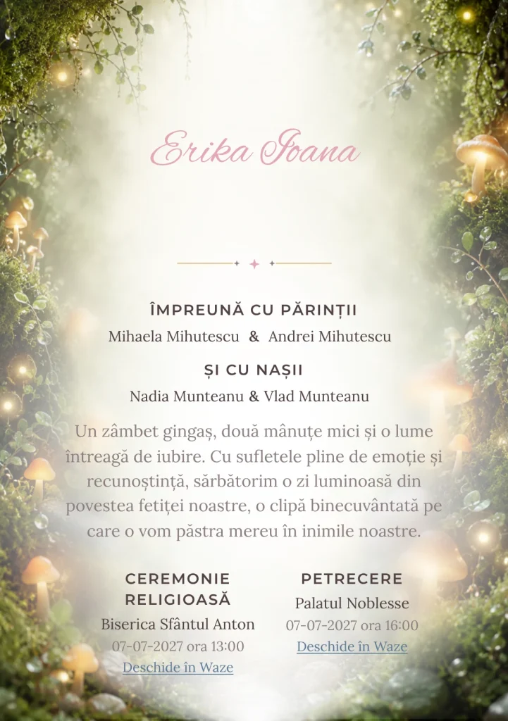 Imaginea Mușchi Fermecat, din gama de invitații botez, pune în valoare o grădină de mușchi cu ciuperci luminoase, cu rouă, pietre și frunze foarte mici.