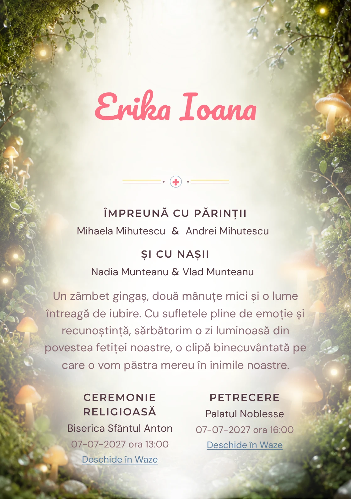 Imaginea Mușchi Fermecat, din gama de invitații botez, pune în valoare o grădină de mușchi cu ciuperci luminoase, cu rouă, pietre și frunze foarte mici.
