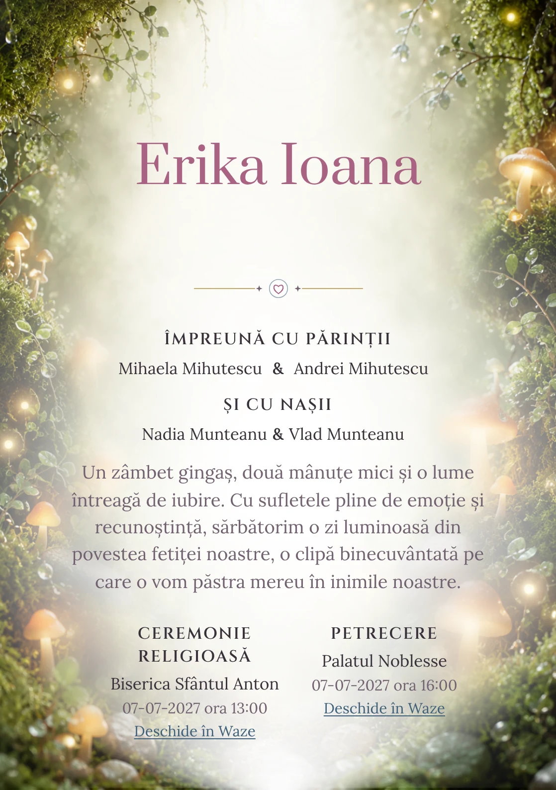 Imaginea Mușchi Fermecat, din gama de invitații botez, pune în valoare o grădină de mușchi cu ciuperci luminoase, cu rouă, pietre și frunze foarte mici.