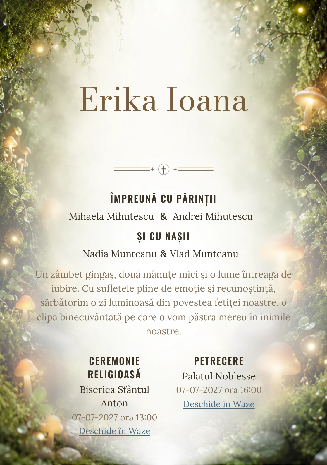 Imaginea Mușchi Fermecat, din gama de invitații botez, pune în valoare o grădină de mușchi cu ciuperci luminoase, cu rouă, pietre și frunze foarte mici.