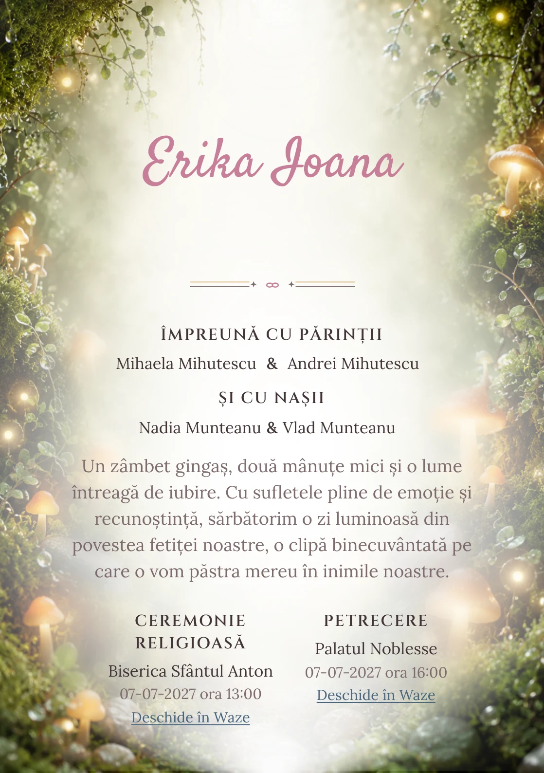 Imaginea Mușchi Fermecat, din gama de invitații botez, pune în valoare o grădină de mușchi cu ciuperci luminoase, cu rouă, pietre și frunze foarte mici.