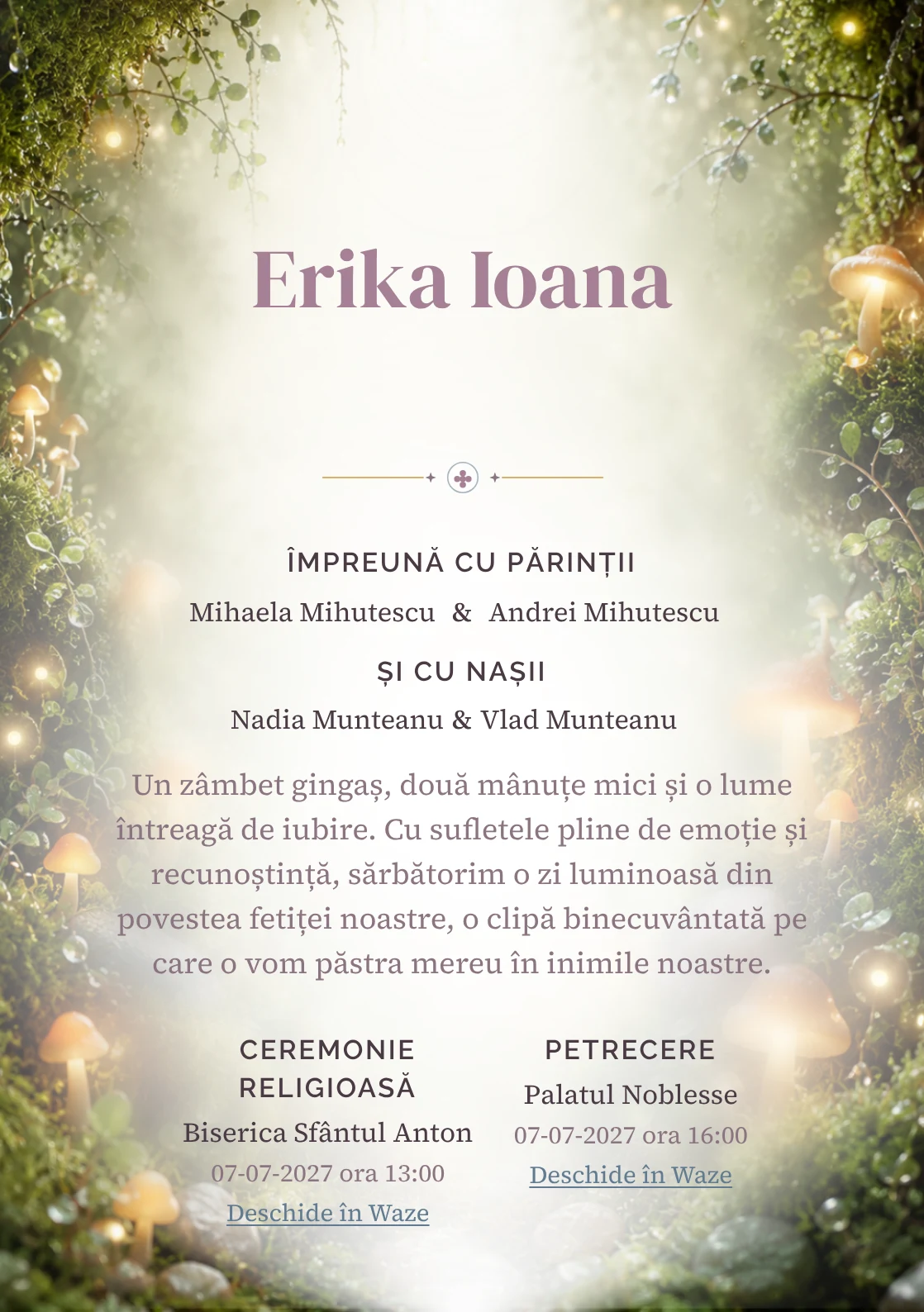 Imaginea Mușchi Fermecat, din gama de invitații botez, pune în valoare o grădină de mușchi cu ciuperci luminoase, cu rouă, pietre și frunze foarte mici.