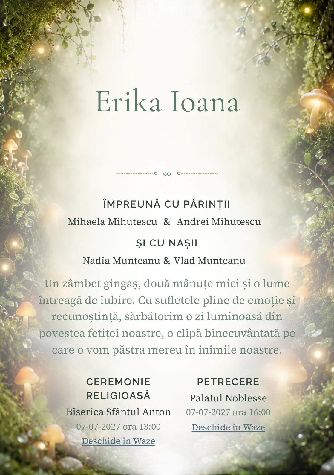 Imaginea Mușchi Fermecat, din gama de invitații botez, pune în valoare o grădină de mușchi cu ciuperci luminoase, cu rouă, pietre și frunze foarte mici.
