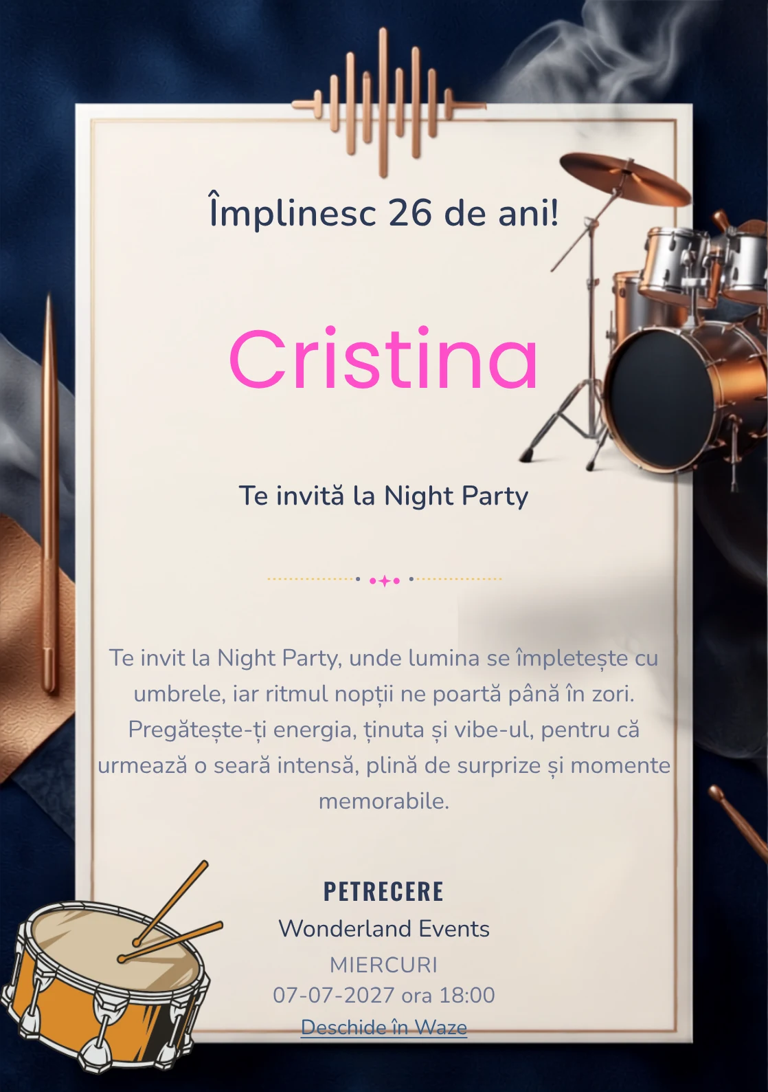 Noaptea Toboșarilor este un model de invitații online pentru o aniversare adultă, definit vizual de un set de tobe iluminat.