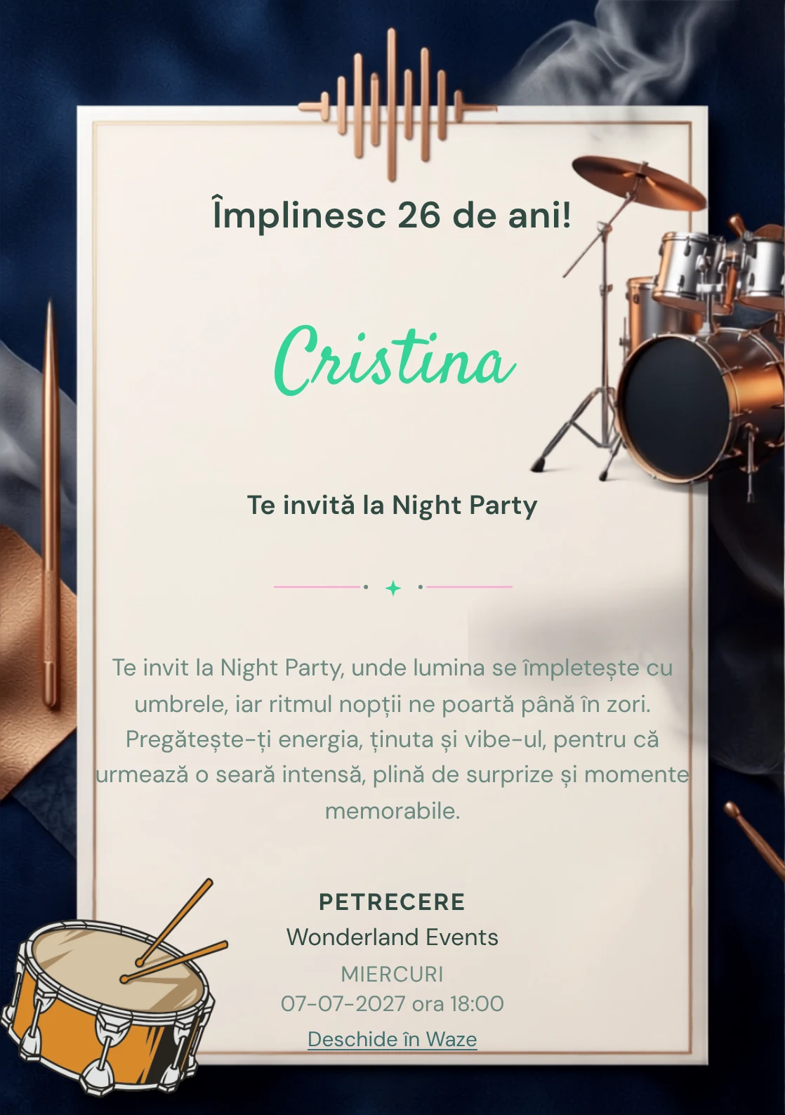 Noaptea Toboșarilor este un model de invitații online pentru o aniversare adultă, definit vizual de un set de tobe iluminat.