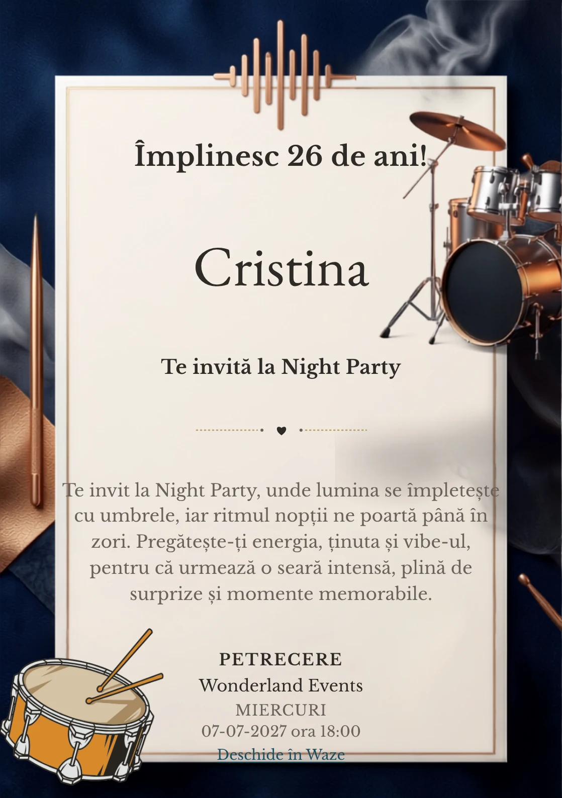 Noaptea Toboșarilor este un model de invitații online pentru o aniversare adultă, definit vizual de un set de tobe iluminat.