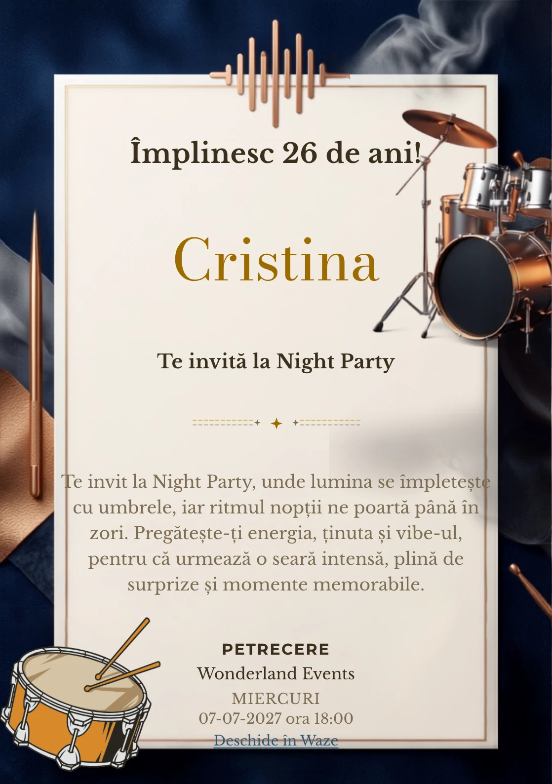 Noaptea Toboșarilor este un model de invitații online pentru o aniversare adultă, definit vizual de un set de tobe iluminat.