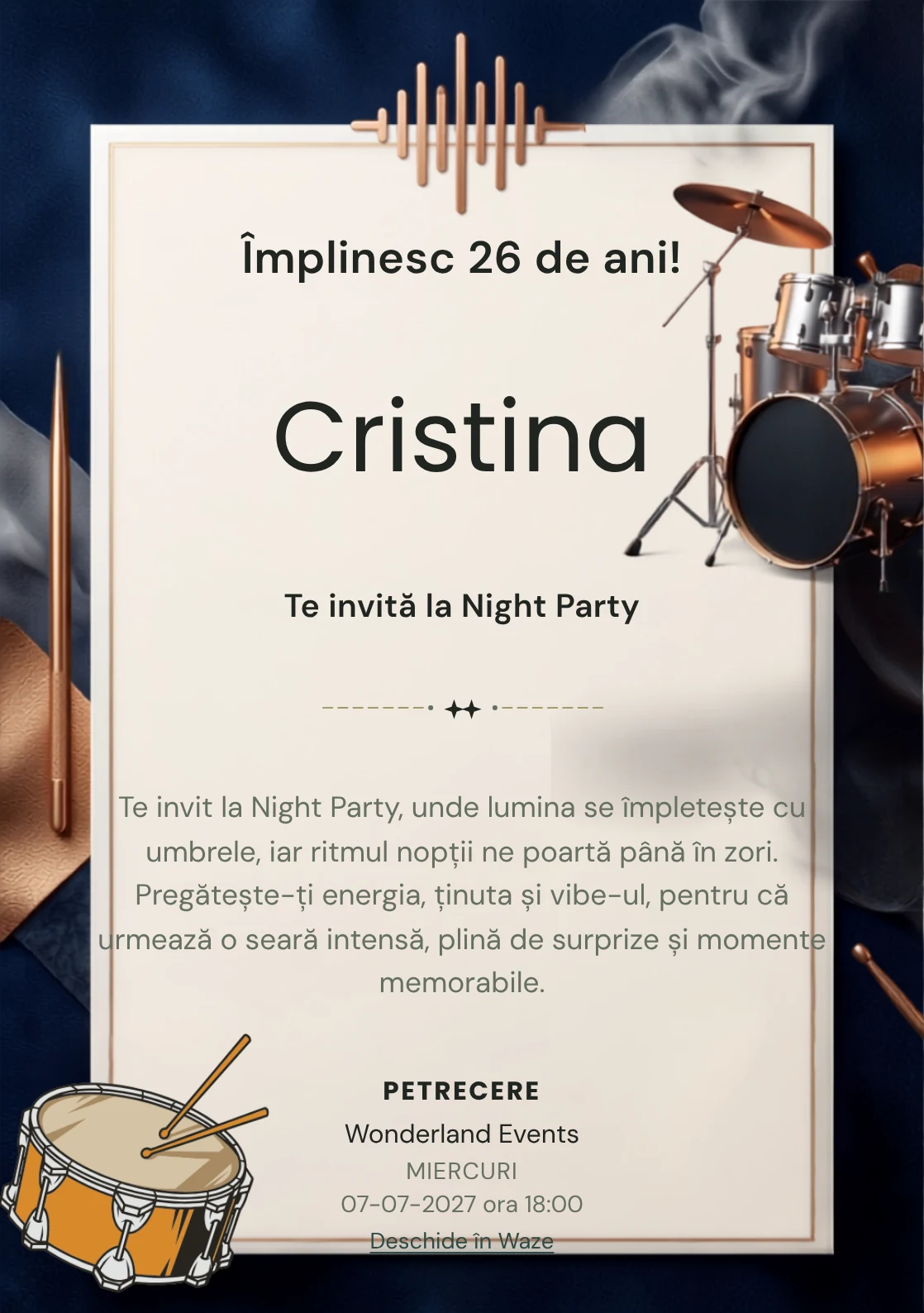 Noaptea Toboșarilor este un model de invitații online pentru o aniversare adultă, definit vizual de un set de tobe iluminat.