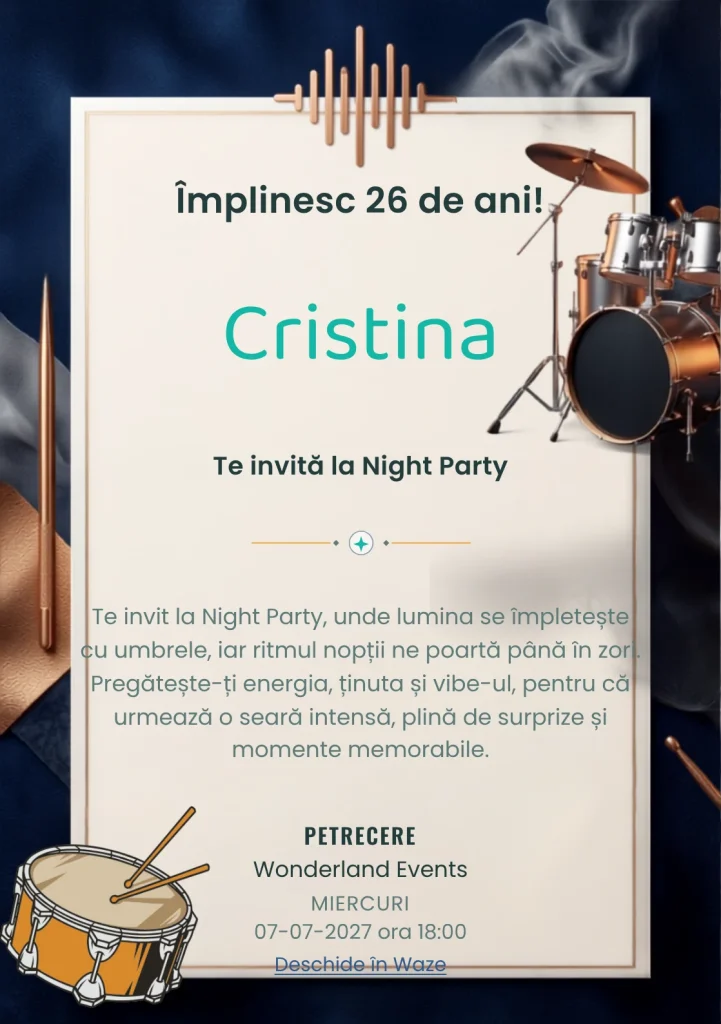 Noaptea Toboșarilor este un model de invitații online pentru o aniversare adultă, definit vizual de un set de tobe iluminat.