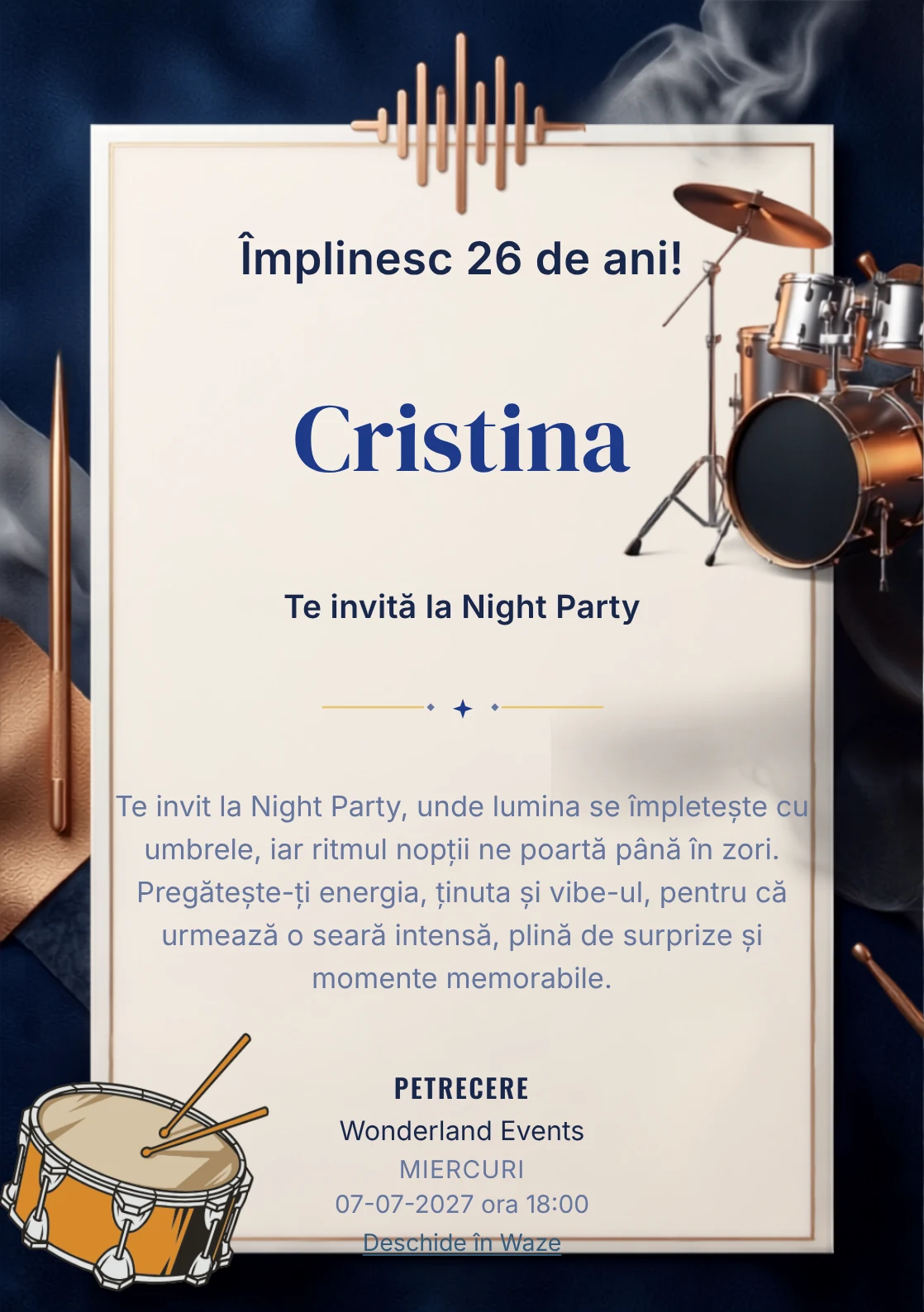 Noaptea Toboșarilor este un model de invitații online pentru o aniversare adultă, definit vizual de un set de tobe iluminat.