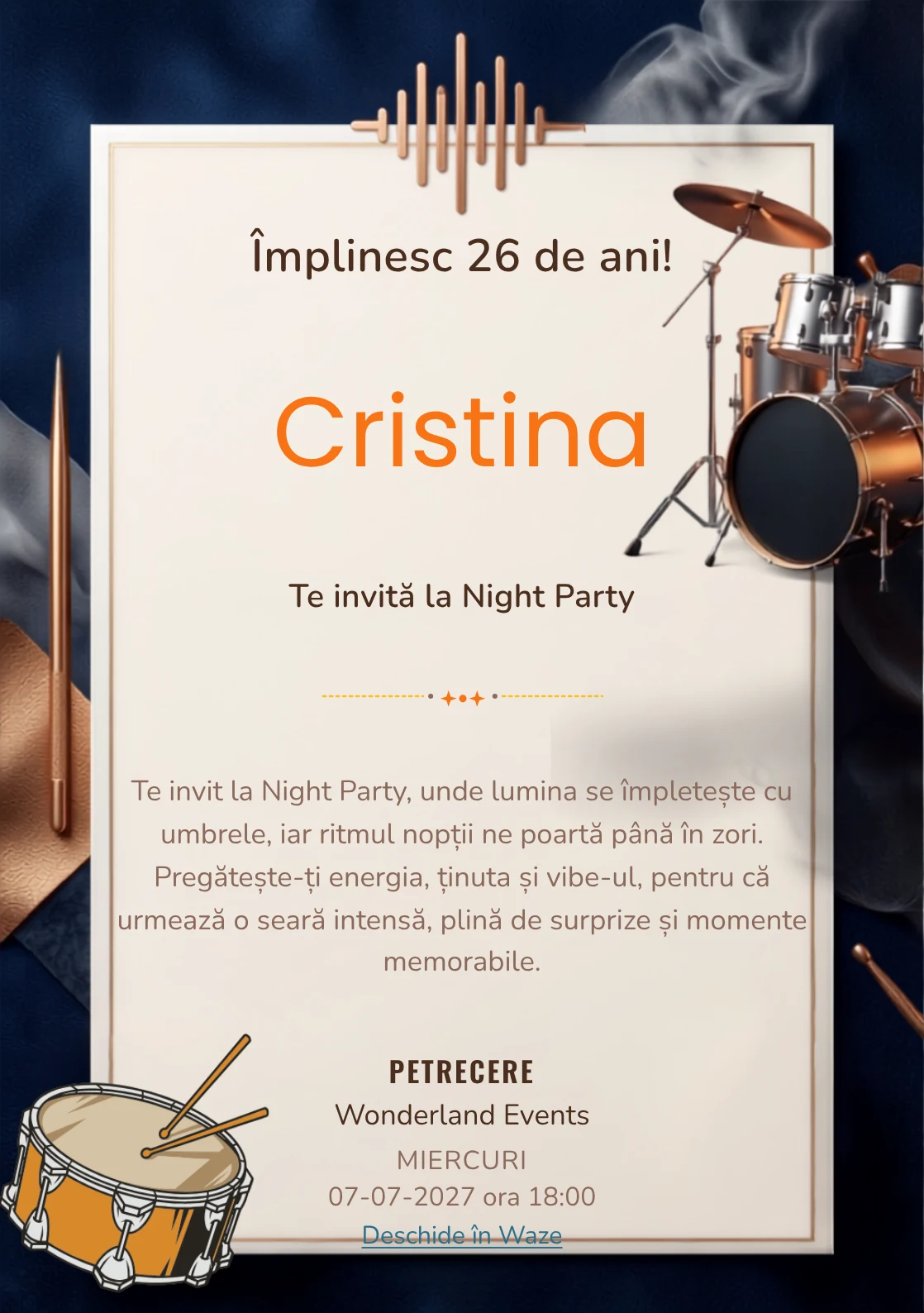 Noaptea Toboșarilor este un model de invitații online pentru o aniversare adultă, definit vizual de un set de tobe iluminat.