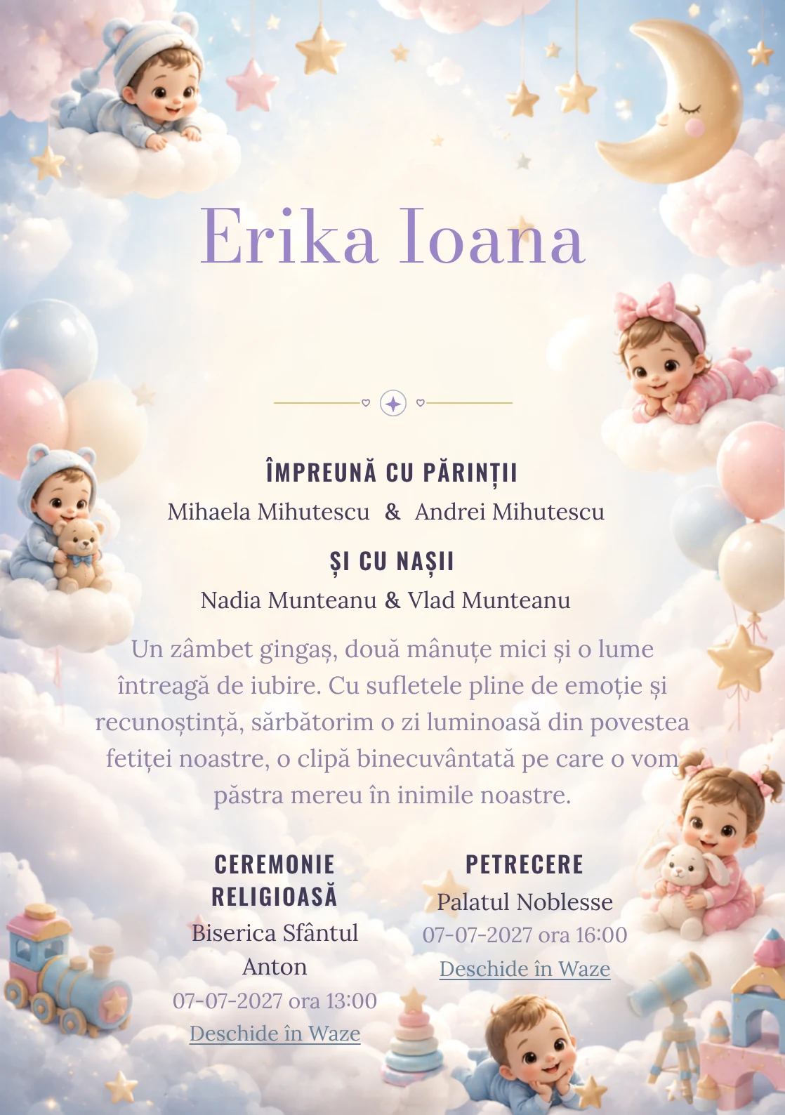 Nori Disney Baby, din gama de invitații botez, evidențiază un grup de personaje Disney Baby pe nori, alături de steluțe, lunete de jucărie și baloane pal.