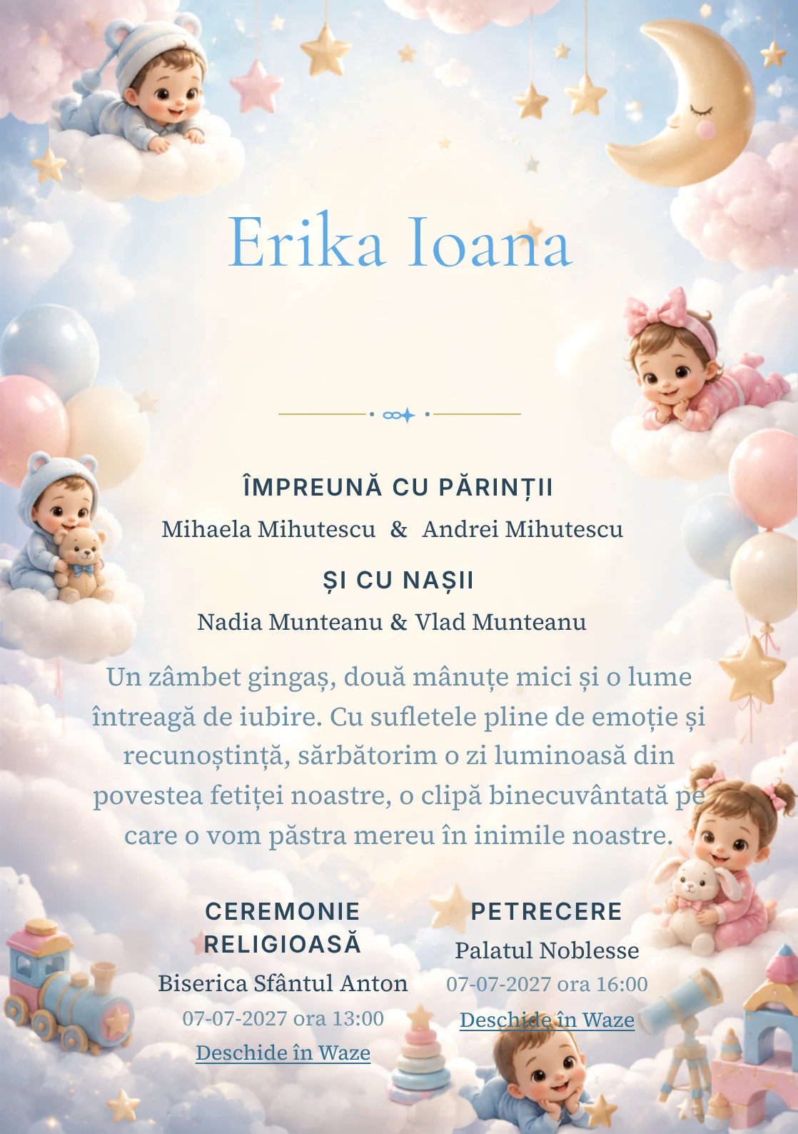Nori Disney Baby, din gama de invitații botez, evidențiază un grup de personaje Disney Baby pe nori, alături de steluțe, lunete de jucărie și baloane pal.
