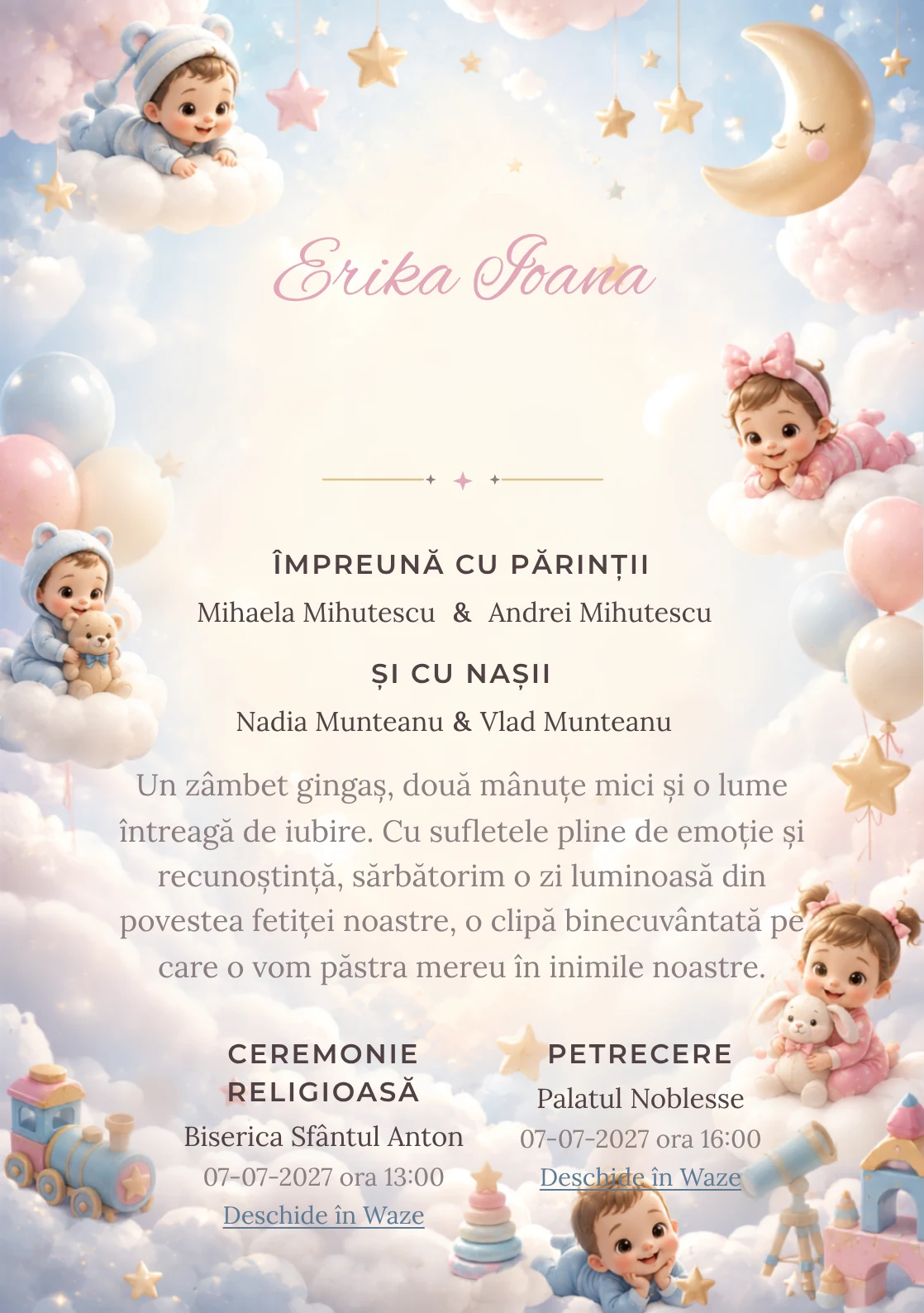 Nori Disney Baby, din gama de invitații botez, evidențiază un grup de personaje Disney Baby pe nori, alături de steluțe, lunete de jucărie și baloane pal.